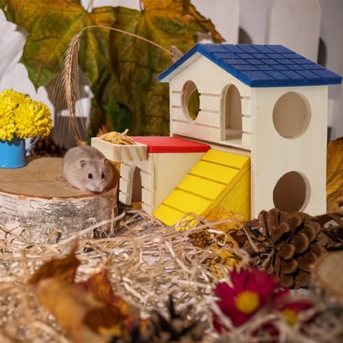 Hypeety Wooden Hamster House Maze Villa Cage for Dwarf Hamsters Gerbils Small Pets Exercise Climbing Toy Platform Multi-Level Hideout 6.1x2.95x5.9inch Blue - color: Blue