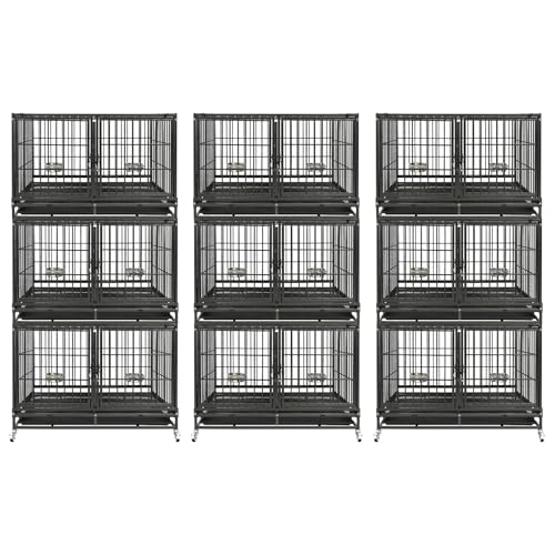 Homey Pet 3 Pack Three Tiers 43" Stackable Heavy Duty Double Dog Crate Bank | Commercial Modular Dog Kennel with Dual Front Doors, Divider, Auto Locks, Removable Tray, Bowls for Small and Medium Dogs - size: 43.0"L - 3 Tiers - 3P