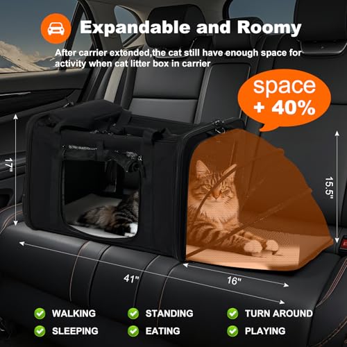 pidipiti 25x17x17 Extra-Large Expandable cat Carrier for car Road Travel | for 1 Extra-Large cat/2 Large /3 Medium Cats up to 35 lbs,large cage kennel for long road trip,zipper lock,good Visibility - size: 25.5"L x 17"W x 17"H