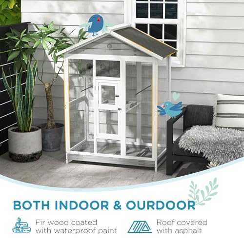 PawHut 64.5" Wooden Bird Cage Aviary, Flight Cage with 4 Perches, Nest and Slide-Out Tray for Indoor/Outdoor, Gray | 4 Perches, Nest, Slide-Out Tray