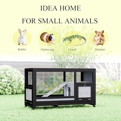 Wooden Rabbit Hutch Indoor Outdoor Bunny Cage on Wheels, Mobile Rabbit House with Deep No-Leak Pull Out Tray, Ramp & Hideout, Large Wooden Small Animal Habitat for Guinea Pigs, Chinchillas (Black)
