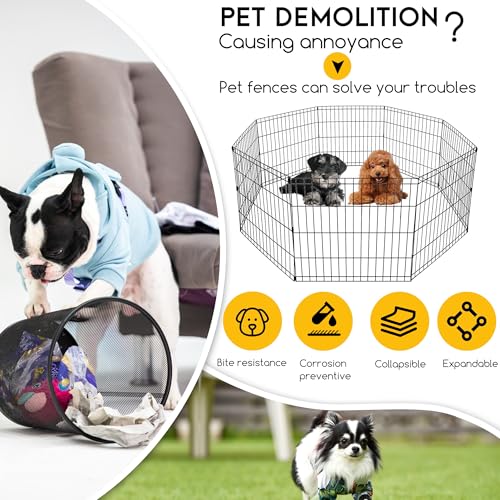 FDW | Dog Playpen | 24", 8 Panels | Heavy Duty Metal Pet Exercise Pen | Indoor/Outdoor Fence Panels | Rust-Resistant, Removable, Tool-Free Setup | Custom Layout, Anti-Skid, Expandable Design