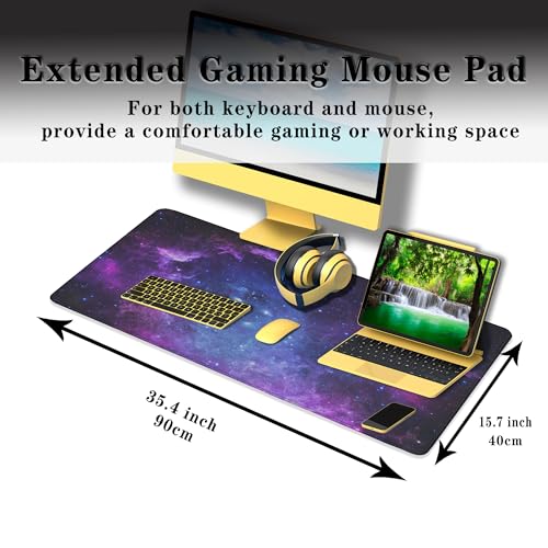 Mouse Pad Computer Desk Accessories Office Pad, Big Mouse Pads Desktop Mat, XXL Mouse Pad Gaming Non-Slip Rubber Base Waterproof with Stitched Edges, 35.4" X 15.7" for Work/Game/Office/Home - color: Galaxy