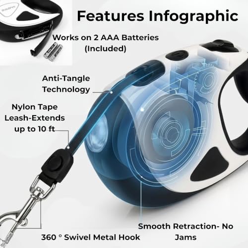 Retractable Dog Leash with LED Flashlight (2 AAA Batteries Incl) & Reflective Padded Dog Collar -10ft Tangle-Free Heavy Duty Leash Set for Night Walking Safety-Puppy Essentials (Up to 44lbs)
