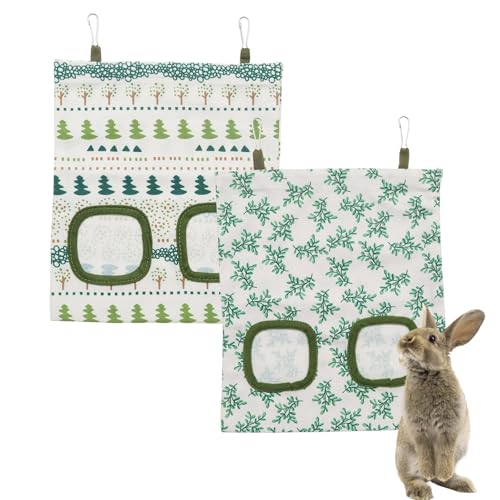 2Pcs Rabbit Hay Feeder Bag, Hanging Guinea Pig Hay Feeder, White | Rabbit Cage Bag, Hanging Hay Feeder with 2 Holes, Small Animal Feeders Storage Pouch Holder for Rabbits Hamsters Small Pets - color: Color 1