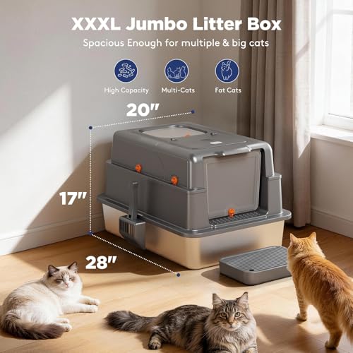 FURTIME XXXL Extra Large Enclosed Stainless Steel Litter Box with Lid | Large Enclosed Cat Litter Box for Big Cats, Metal Cat Box with High Sided Enclosure & Scoop, Grey - color: Grey, size: XXX-Large
