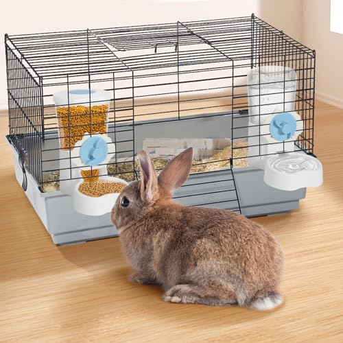 2 Pack Hanging Automatic Pet Food Water Dispenser, Auto Rabbit Feeder and Water Bottle Set for Cage, Food and Water Bowls for Cat Bunny Chinchilla Hedgehog Guinea Pig Ferret cage Accessories - color: Blue White
