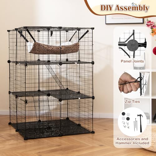 Tangkula Cat Cages Indoor, 3-Tier Cat Enclosure with Skylight, Extra Large Hammock, 2 Ladders, Detachable Metal Wire Kennel with 3 Lockable Doors, DIY Cat Crate & Pet Playpen Catio for 1-3 Cats Kitten - size: 29.0"L x 29.0"W x 42.0"H