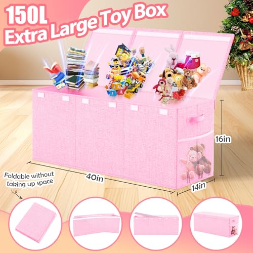 Large Toy Storage Box with Lid & Dividers, Collapsible Kids Toy Chest, Pink | Toy Box for Boys, Girls, Nursery, Bedroom, Living Room, Playroom, 40X14X16 inches - color: Extra Large Pink