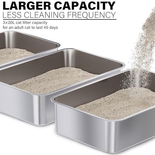 Stainless Steel Litter Box, XL Metal Litter Box 3 Pack | Extra Large Cat Litterbox 23.6" X 15.7" X 6" for Big Kitty, Multiple Cats, No Smell , Non Stick, Easy Cleaning - size: 3 Pack-X-Large (23.6"×15.7"×6")