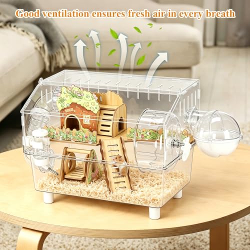 Acrylic Hamster Cage 2 Tier 23 Inch with Transparent Base | All Accessories Included, Large Silent Dwarf Hamsters Wheel, Tunnel Enclosure, Wood Hideout, Swings for Gerbils Mice