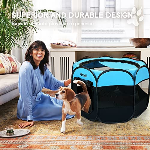 GOOZII Dog Playpen Portable Collapsible, Indoor Outdoor Pet Puppy Exercise Playpens Case with Zipper Door Top Cover Floor for Large Cat Rabbit Travel Camping (Small Size, Black/Blue) - color: Blue, style: S [29" x 29" x 17"]