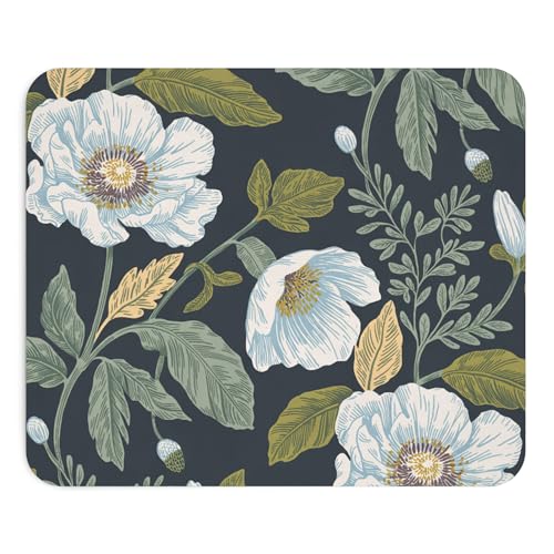 Mouse Pad White Flowers on Green Background Floral Illustration Decorative Mouse pad Non Slip Base Accessory Desk Office Aesthetic Natural Artistic Design - color: Flowers 2