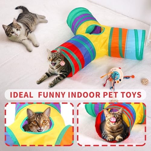 Pet Cat Tunnel, Y-3 Way Tunnels for Indoor Cats, Collapsible Pet Tunnel for Kitten, Puppy, Rabbit, 25cm-Wide Tunnels, Durable & Breathable, with Peek Hole Toy Ball - color: Y-junction Tunnel & Rainbow