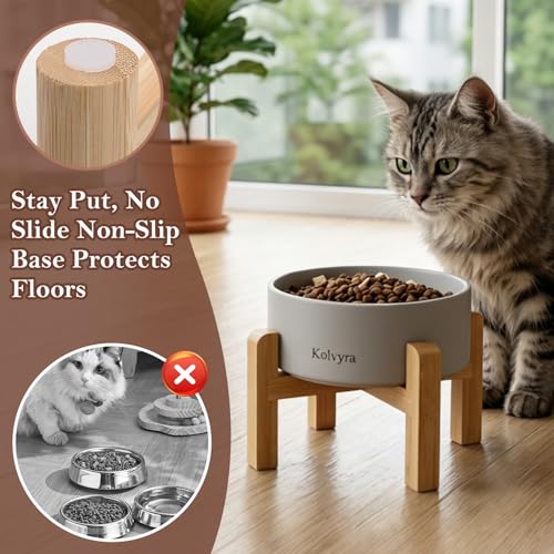 5'' Adjustable Elevated Ceramic Cat Bowl | Premium Food-safe Ceramic with Anti-slip Wood Stand,Dishwasher Safe,Ergonomic Height Relieves Neck Strain,Gray - color: Gray, size: 5 in