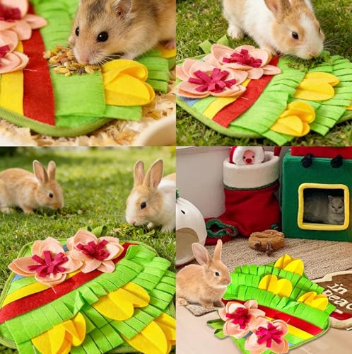 Rabbit Snuffle Mat, Interactive Foraging Pad for Small Pets, Anti-Slip Felt Feeding Mat for Bunny, Hamster, Guinea Pig, Ferret, Machine Washable Boredom Relief Toy (Floral)
