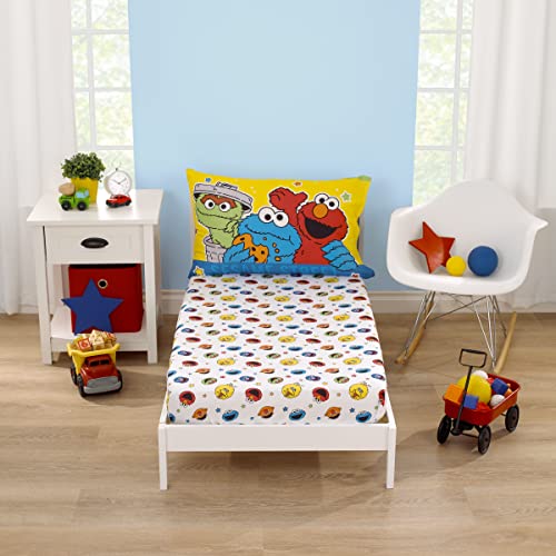 NoJo Sesame Street Come and Play Blue, Green, Red and Yellow, Elmo, Big Bird, Cookie Monster, Grover and Oscar The Grouch 2 Piece Toddler Sheet Set - Fitted Bottom Sheet and Reversible Pillowcase - color: Sesame Street Come and Play