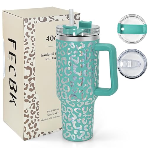40 oz Tumbler with Handle and Straw, 100% Leak-Proof Travel Mug, Stainless Steel Double Wall Vacuum Insulated Coffee Cup Keeps Cold For 34 Hours, Dishwasher Safe, Green Leopard - color: Green Leopard