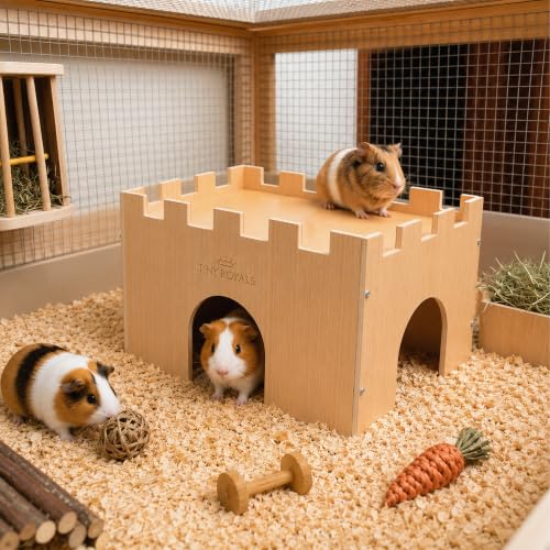 Guinea Pig Castle, Sturdy Wooden Guinea Pig Hideout, Cage Accessories, Wooden Chew Resistant House for Small Animals, Hamsters, Rats, Chinchillas, Playing, Hiding, Exercising