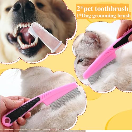 7 Pcs Cat Dog Brush Grooming Kits, Self-Cleaning Slicker Brush, Pet Nail Clipper and File, Flea Comb, Pet Shampoo Bath Brush, Pet Finger Toothbrush, Storage Bag (Pink) - color: Pink