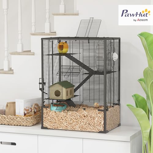 PawHut Large Hamster Cage 9" Deep Tempered Glass Bottom 24"x16"x31.5" Black | 4 Tiers Hamster Tank, Running Wheel, Hut, Water Bottle, Dish, Rat Cage for Syrian, Dwarf, Gerbils, Mouse - size: 23.6"L x 15.7"W x 31.5"H
