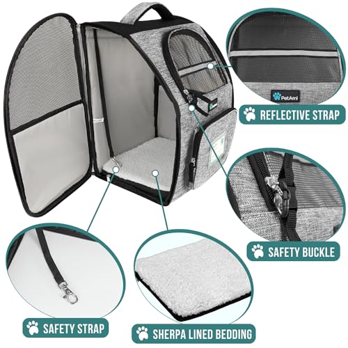 PetAmi Dog Backpack Carrier Airline Approved Cat Pet Puppy Bag, Grey | Ideal for Small Medium Large Pet up to 18 lb, 2 Side Entry Structured No-Collapse Frame, Ventilated Bookbag for Hiking Travel - color: Heather Gray