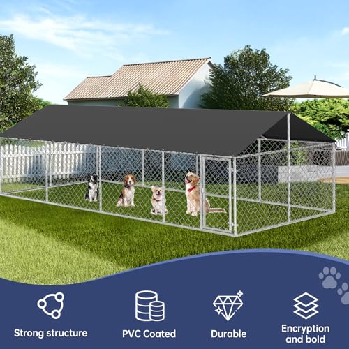 Petony Outdoor Dog Enclosure Heavy Duty Dog Kennel House Mesh Dog Big Cage Pet Kennel Steel Fence with Secure Lock - size: 236.0"L x 236.0"W x 65.0"H
