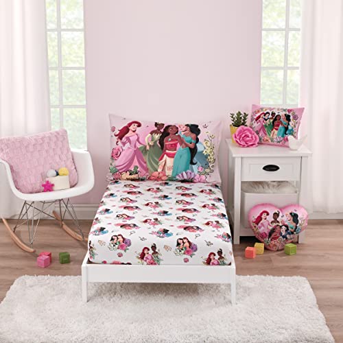 Disney Princesses Courage and Kindness Ariel, Tiana, Moana, Jasmine, Cinderella, Mulan, Belle, and Snow White 2 Piece Toddler Sheet Set - Fitted Bottom Sheet and Reversible Pillowcase - color: Princesses Courage and Kindness Pink