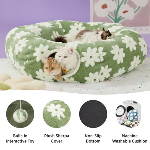 Lesure Donut Cute Jacquard Large Cat Tunnel Bed Kitten Toys for Dog Bunny | 39.5x39.5x10in,Round Large Cat Bed Tube for Multi Kittens,Pet Peekaboo Cave Toy,Spiral Hideaway,Washable Cushion,Green - color: Flower Garden Green, size: large (39.5"L x 39.5"W x