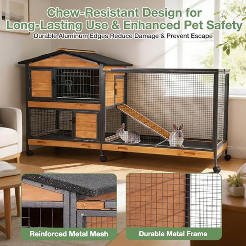 Large Rabbit Hutch Indoor Outdoor, Wooden Bunny Cage with Metal Frame, Chew-Proof Ramp, 3 Leakproof Pull-Out Trays, Rolling Wheels with Locks, Multi-Door Easy Access Small Animal Cage - color: Black-AIR19-X