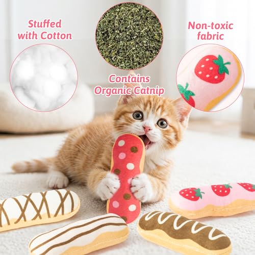 MALLMALL6 Eclair Catnip Toys for Cat - 5Pcs Chocolate Strawberry Dessert Catmint Interactive Toy Gift for Indoor Kitty, Biting Chew Kick Cats Supplies, Soft French Pastry Pet Present for Kitten Lover - style: Eclair