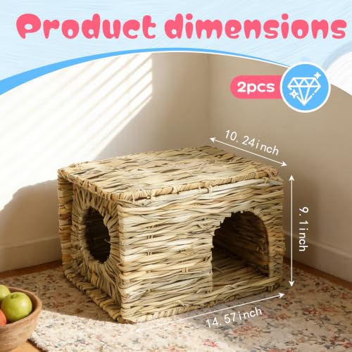 2 Pack 14.6"×10.2"×9" Foldable Large Grass Bunny House for Small Animals | Rabbit Hut Hideaway Bed with Hay Mat & Chew Toy, Fits Guinea Pigs, Hamsters & Small Animals
