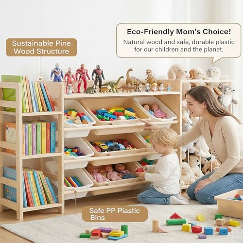 Amdermi Kids Toy Storage Organizer with Bookcase and Stuffed Animal Zoo, 4-in-1 Wooden Multi Bin Toy Shelf for Toddlers, Playroom, Bedroom, Nursery - color: Cream