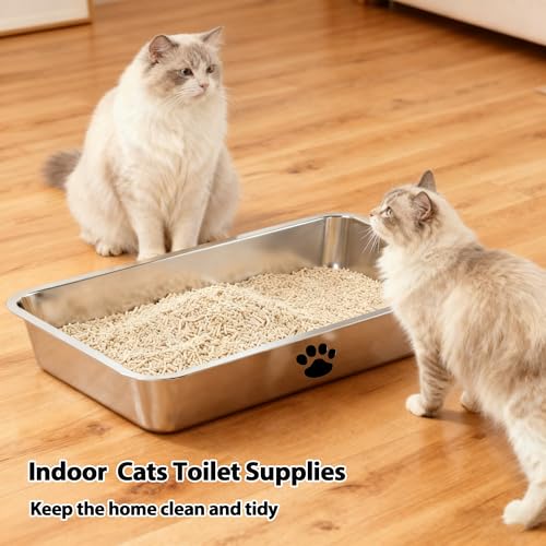 Stainless Steel Cat Litter Box, Indoor Litter Tray Pet Toilet Supplies,XXL 4in Shallow Metal Litter Pan for Senior Cats and Kittens,Multi-Cat Households, Non-Odor, Non-Stick, Easy to Clean - size: 23.6" x 15.8" x 4"