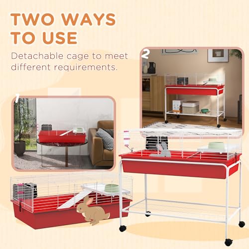 PawHut Two-Story Small Animal Cage Removable from Stand, Guinea Pig Cage with Shelf & Wheels, Pet Habitat for Hedgehog, Chinchilla, Ferret, 39" x 20.5" x 36.5", Red | Removable from Stand, Guinea Pig Cage, Pet Habitat for Hedgehog, Chinchilla, Ferret - co
