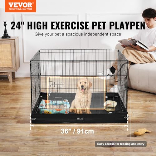 VEVOR Dog Playpen, 4 Pcs 24 x 36 in Panels Foldable Metal Pet Exercise Pen, Dog Fence Indoor and Outdoor Pen with Door and 600D Oxford Fabric Bottom Pad, for Dogs, Cats and Other Small Animals - size: 4 panels 24*36in, style: Playpen + Bottom Pad
