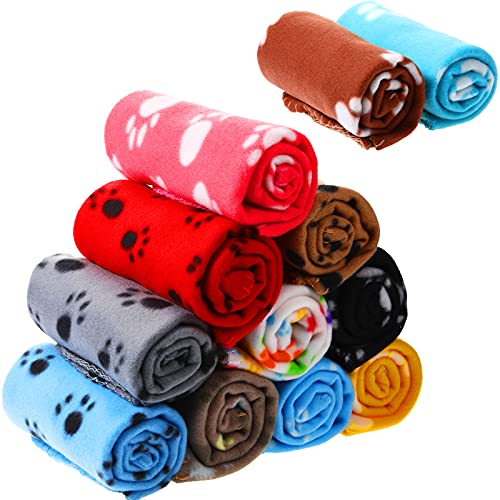 Tegeme 12 Pieces Fleece Blankets for Pets Dog Puppy Paw Print Cat Bedding Cover Blanket for Small Animals Pig Cage Liner Sleep Mat Pad Kitten Soft Warm(Cute Style,28 x 24 Inches) - size: 28 x 24 Inches