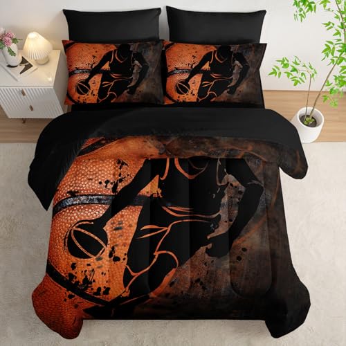 7pcs Sports Comforter Set Basketball Printed Bedding Set with 1 Comforter, 1 Flat Sheet, 1 Fitted Sheet and 4 Pillowcases for Boys and Girls Bedroom (Basketball-2 Full - color: Basketball-2, size: Full 80x90inches