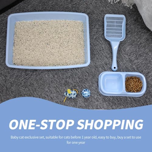 PAWISE Cat Litter Box Set, Small Cat Kitten Starter Kit, Includes Cats Toilet Kitten Litter Pan with Litter Scoop, Double Dish Cat Bowl, Kittens Mouse and Ball Toy - color: Blue