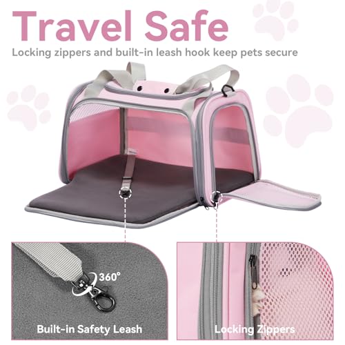 Petsfit Cat Carrier Airline Approved, 17.5×10.5×10.5 in, Pink | Escape-Proof Design with Locking Zippers & Safety Leash, Easy-Access 3-Way Entry, Washable Mat up to 12 lb - color: Pink, size: Medium