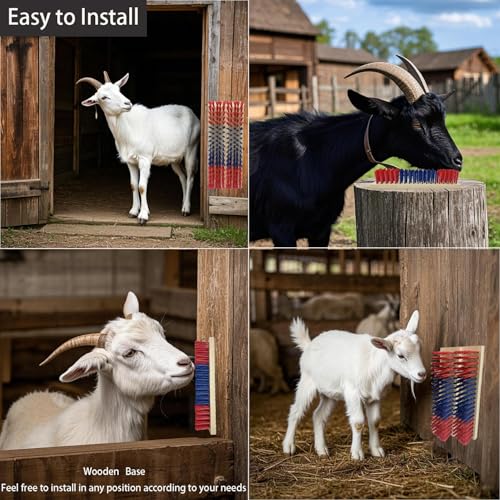 4 PCS Livestock Scratching Brush Goat Scratcher Brushs Post with 20 Screws,Wooden Goats Brush Goat Toys for Goats,Sheep,Pigs,Cow,Horses,Goat Care Supplies(Red)