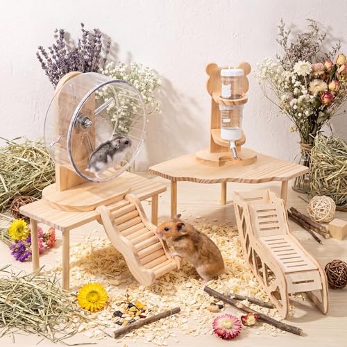 BreezeHug 6 Pcs Hamster Cage Accessories Hamster Wooden Tunnel Bridge Hideout with Platform Exercise Wheel Water Bottle with Stand Decorative Landscape for Small Pets Dwarf Syrian Mice Degus Gerbils - style: Modern