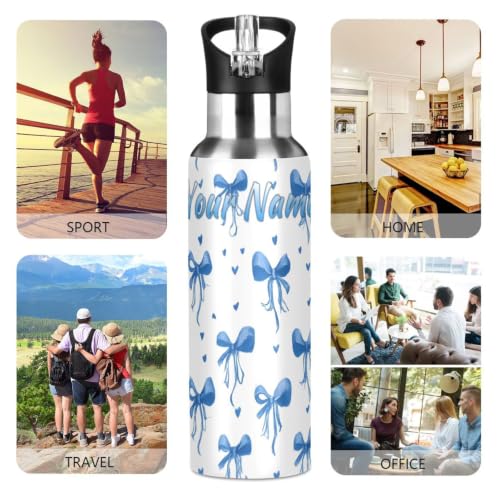 Custom Blue Bows Ribbons Polka Dots Water Bottle Kids Stainless Steel Bottle with Straw Lid Personalized Name Boys Girls Insulated Cup for School 20 oz - color: Multi102