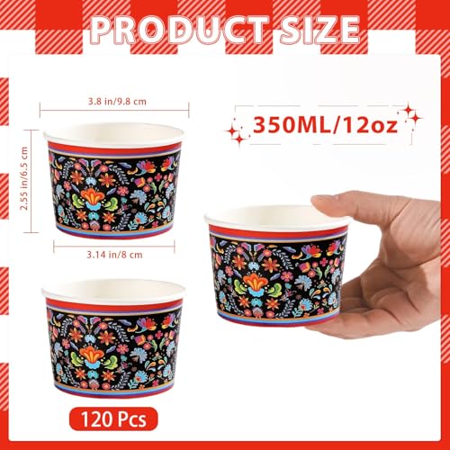 120Pcs 12oz Mexican Ice Cream Cups for Hot or Cold Food | Mexican Floral Treat Snack Cups Fiesta Cinco De Mayo Large Dessert Bowl for Food Yogurt Soup Sundae Mexico Birthday Supplies - style: Mexico Black Cups