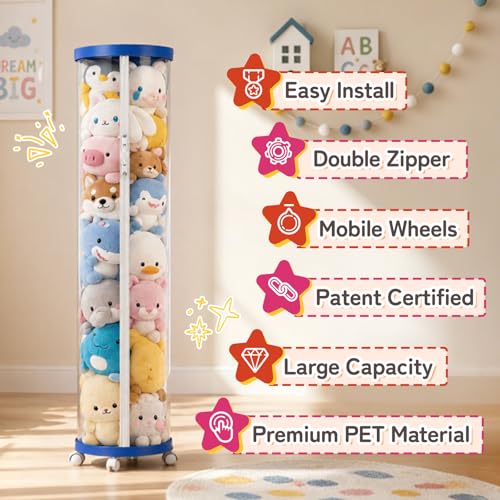rge Stuffed Animal Storage Tube with Wheels, Tall Toy Organizer with Double Zipper, WhiteClear PET Cylinder Container for Plush Toy Organization, Space Saving Kids Room Storage,Blue - color: Blue