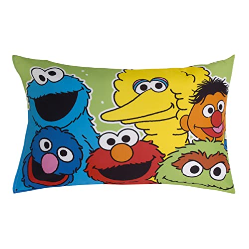 NoJo Sesame Street Come and Play Blue, Green, Red and Yellow, Elmo, Big Bird, Cookie Monster, Grover and Oscar The Grouch 2 Piece Toddler Sheet Set - Fitted Bottom Sheet and Reversible Pillowcase - color: Sesame Street Come and Play