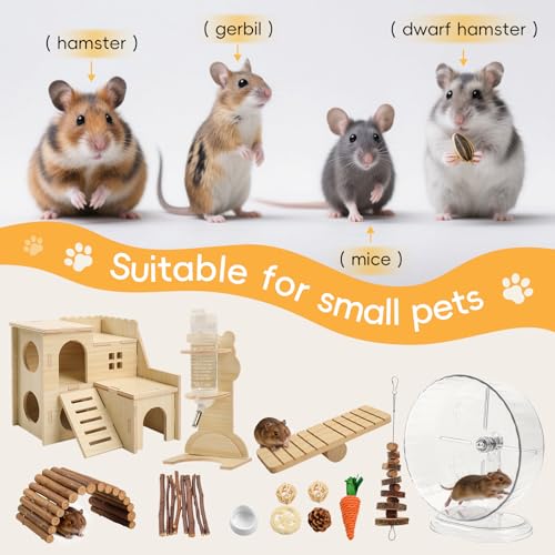 20 Pcs Hamster Cage Accessories Set, Includes 9.5" Silent Hamster Wheel, Maze Wooden House, Water Bottle Stand, Food Bowl & 16 Natural Chew Toys – Habitat Accessories for Hamster, Gerbil & Mouse