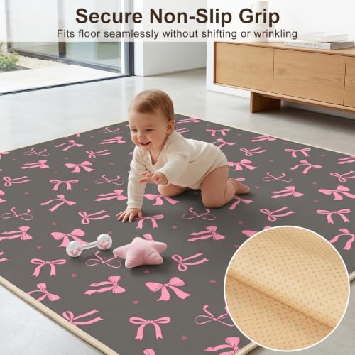 Basumee Splat Mat for Under High Chair, Waterproof & Mess-Proof Floor Mat | 46"×42" Baby Splash Mat, Non Slip Bottom, 4-Layer Fabric, Food & Liquid Catcher, Machine Wash for Boy Girl, Meals, BLW, Craft - color: Dark Grey Bow, size: 46x42 Inches
