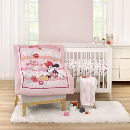 Minnie Mouse Hello Gorgeous Pink and White Floral 3 Piece Nursery Crib Bedding Set - Comforter, Fitted Crib Sheet, and Printed Blanket