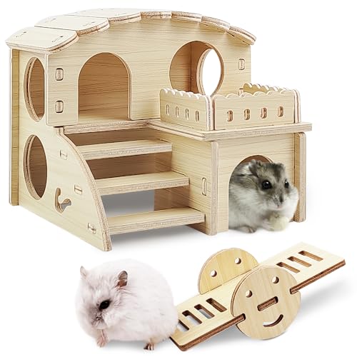 Tiny Hamster Maze Wood House - Fun Staircase House - Seesaw for Small Animals - Rat Mouse Hideouts Dwarf Gerbil Syrian Pet